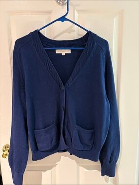 LOFT Navy V-Neck Button Front Cardigan with Pockets